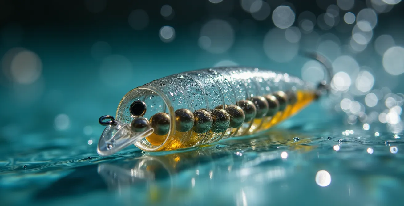 Macro shot of lure rattles and sound waves visualized underwater