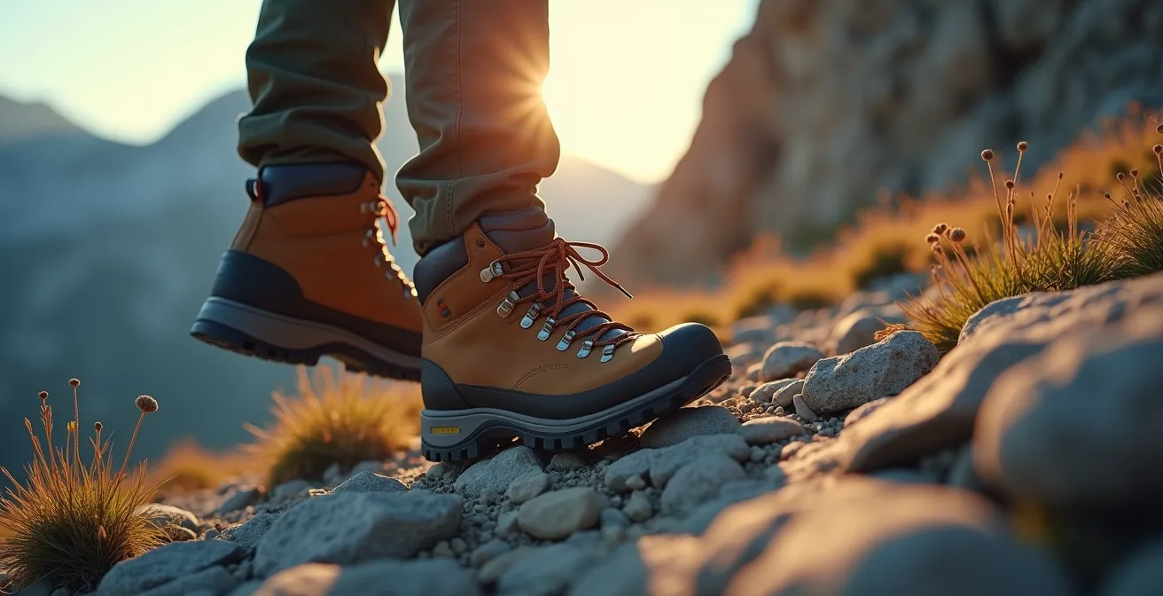 Hiking boot positioned on alpine rock demonstrating grip and flexibility