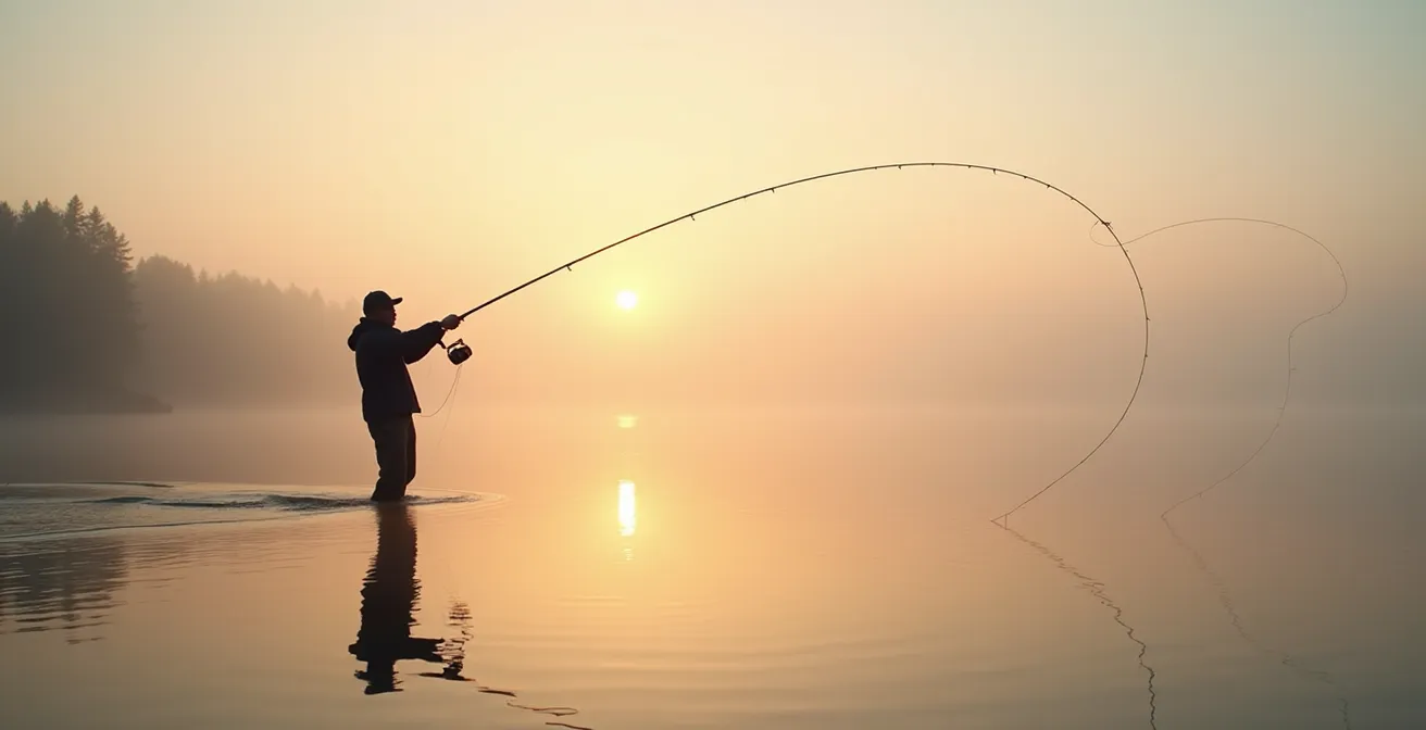 Wide angle view of an angler mid-cast showing line loops forming from an overfilled spinning reel spool