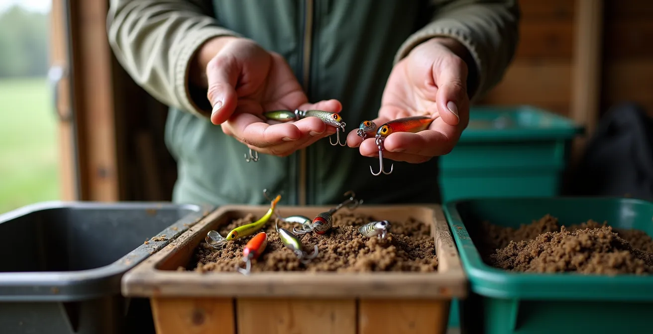 Hands sorting different types of biodegradable fishing lures into appropriate disposal containers