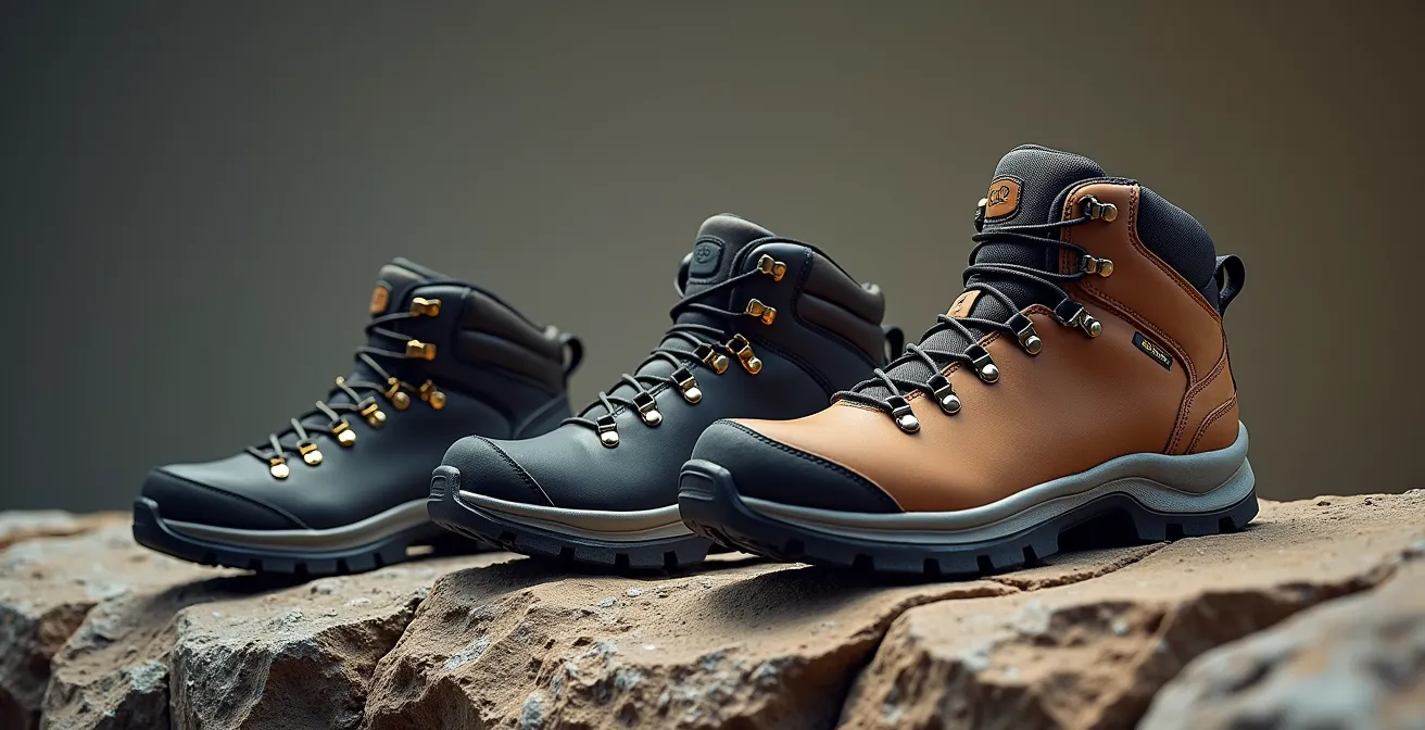 Side view comparison of hiking boot sole designs showing different stack heights and heel flares