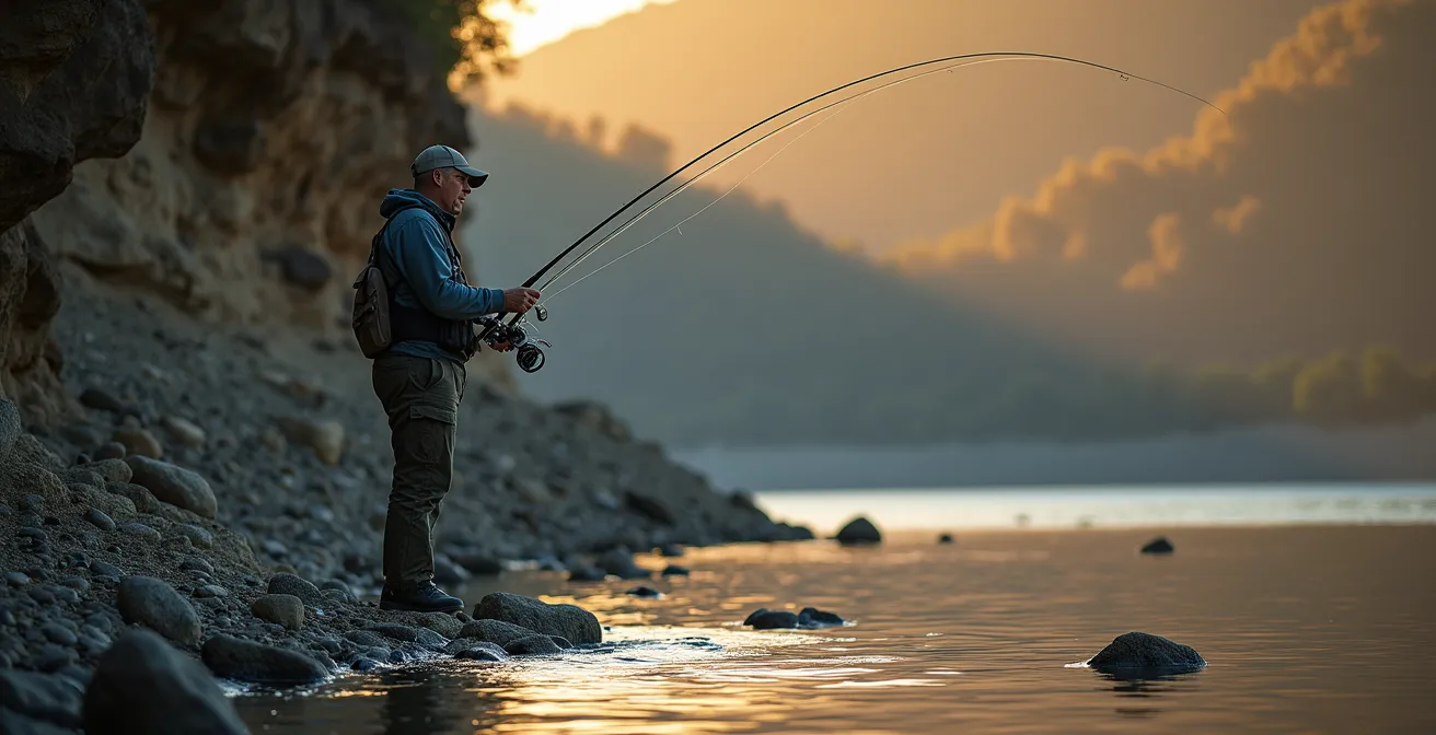 Angler on steep bank casting toward deep underwater structure with visible depth changes