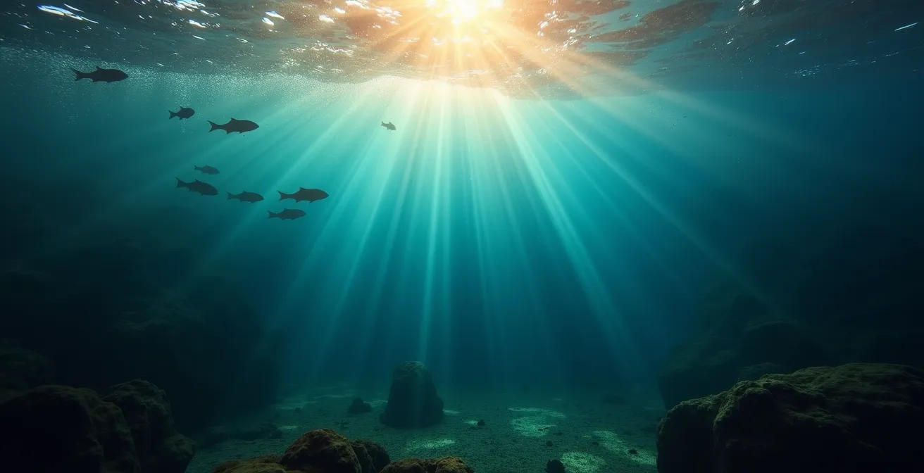 Cross-section underwater view showing bass movement patterns from shallow to deep water during pressure changes