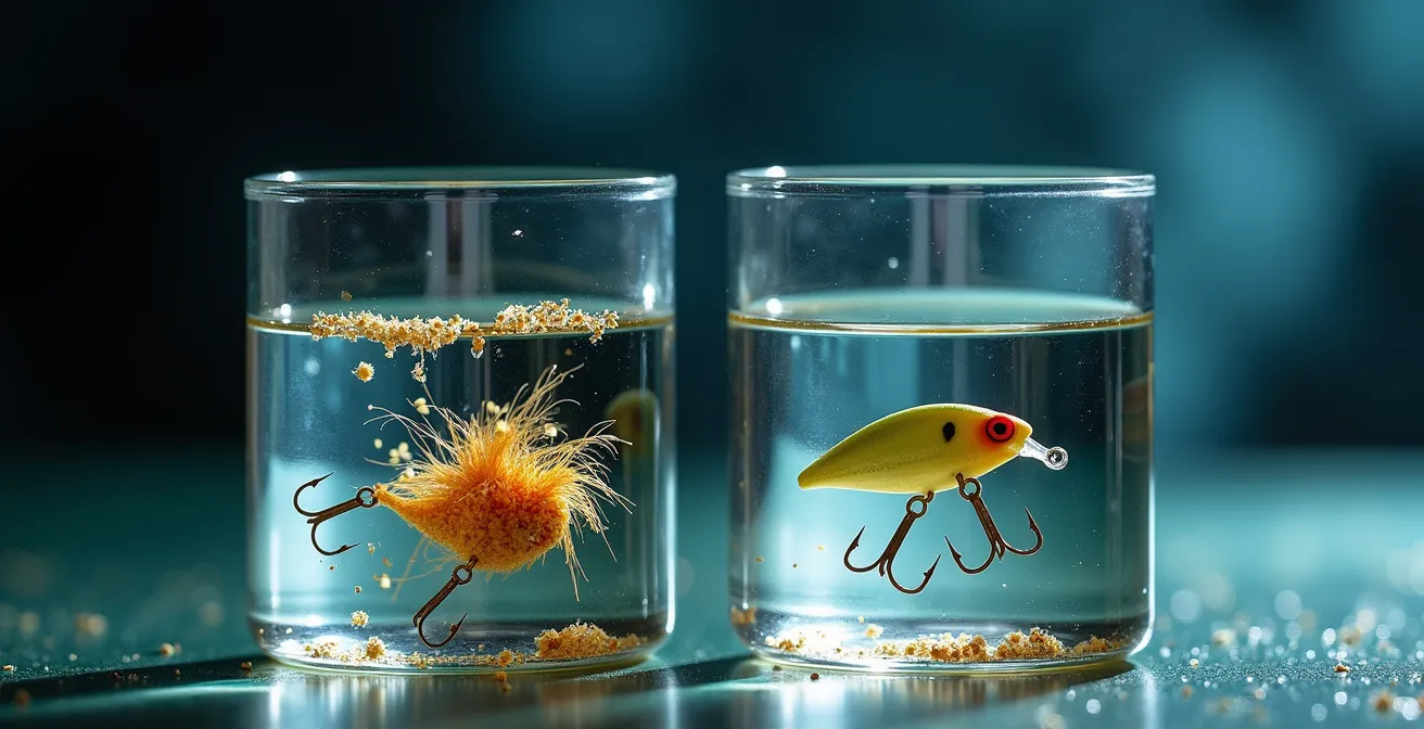 Time-lapse visualization showing biodegradable lure breaking down in water versus intact PVC lure