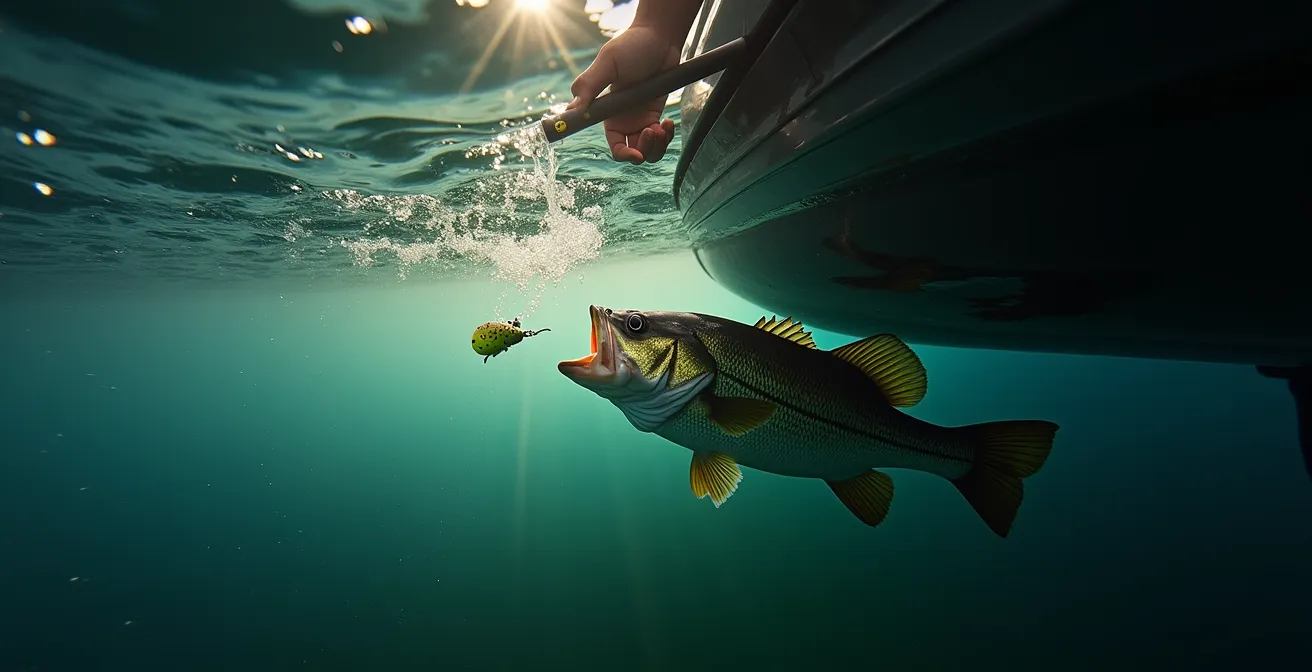 Underwater view of boat shadow creating dark zone with fish approaching lure at shadow edge