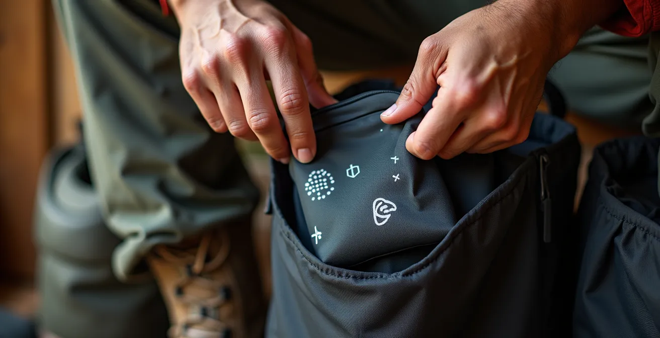 Boot bag with organized exterior pockets containing care supplies and spare laces