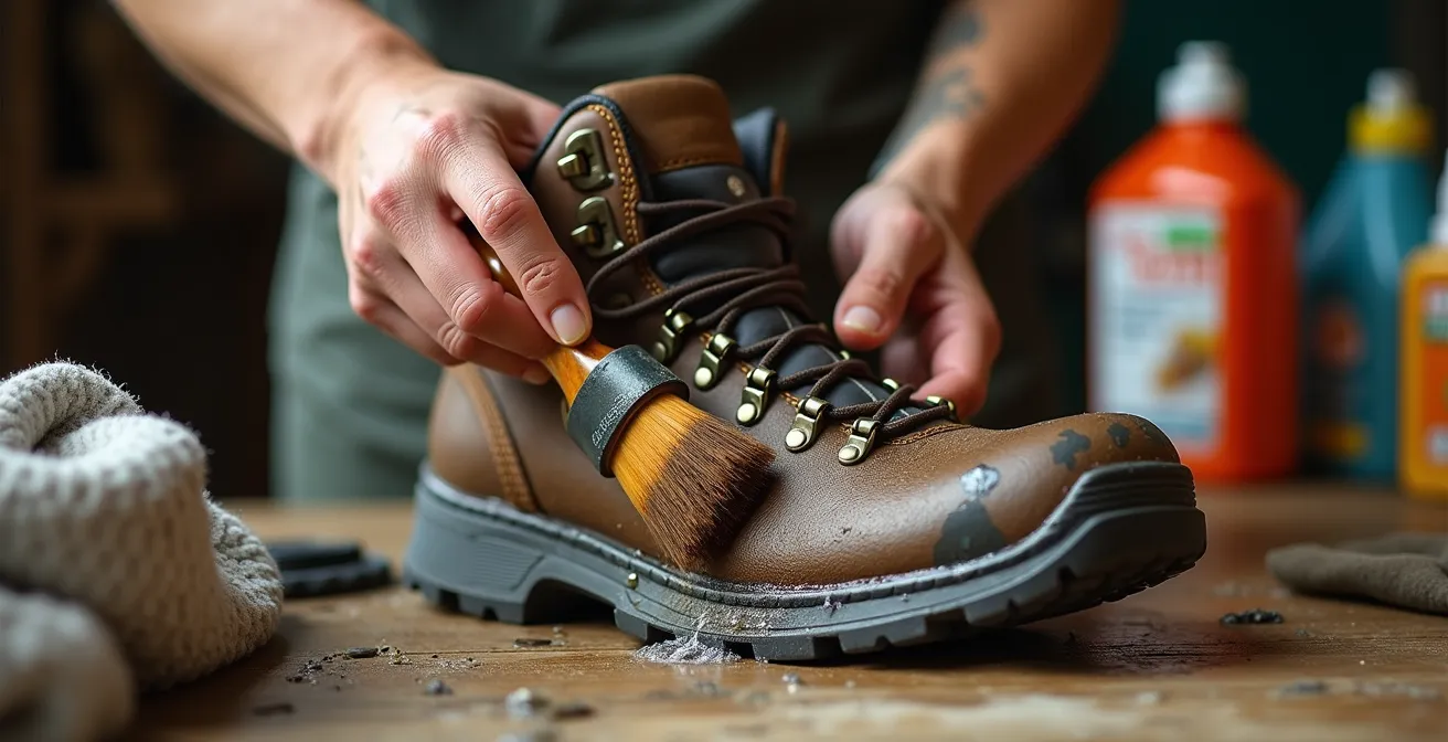 Hands cleaning hiking boots with technical wash solution and soft brush