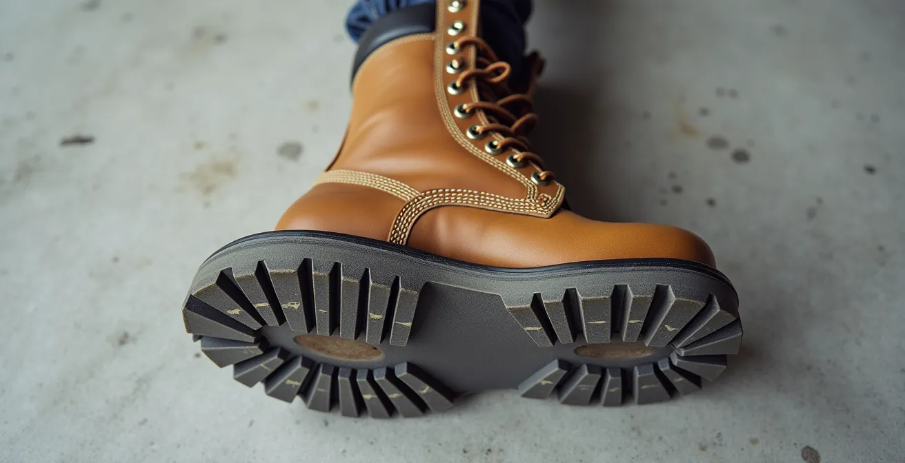Work boot sole showing wear patterns and midsole compression indicators