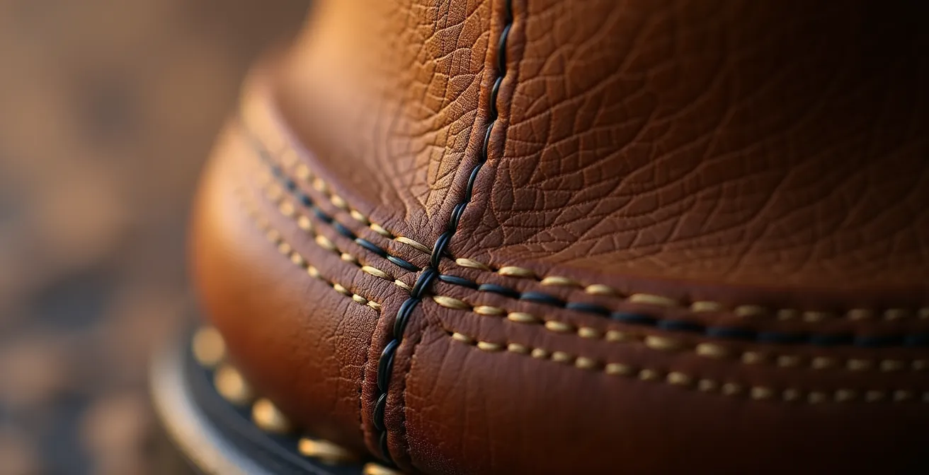 Extreme close-up of boot stitching showing thread tension and stitch density