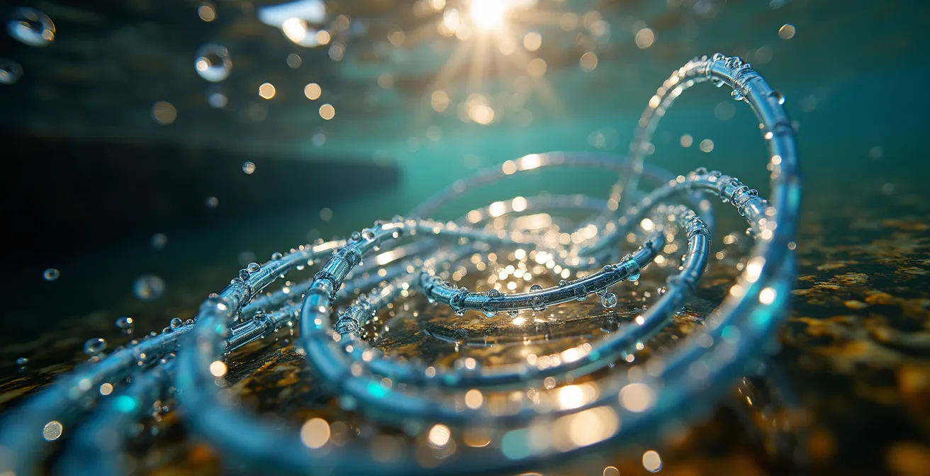 Macro shot of clear fluorocarbon leader material underwater with light refraction