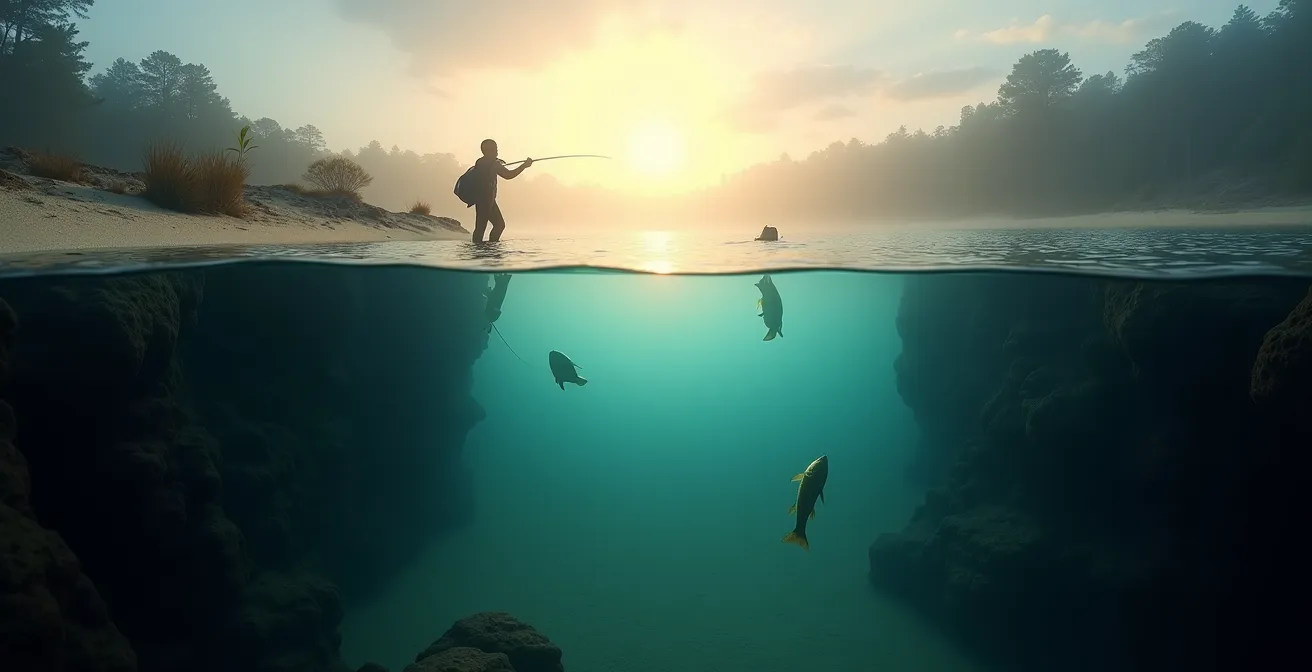 Underwater view showing bass positioned at the edge between shallow flat and deep drop-off at dawn