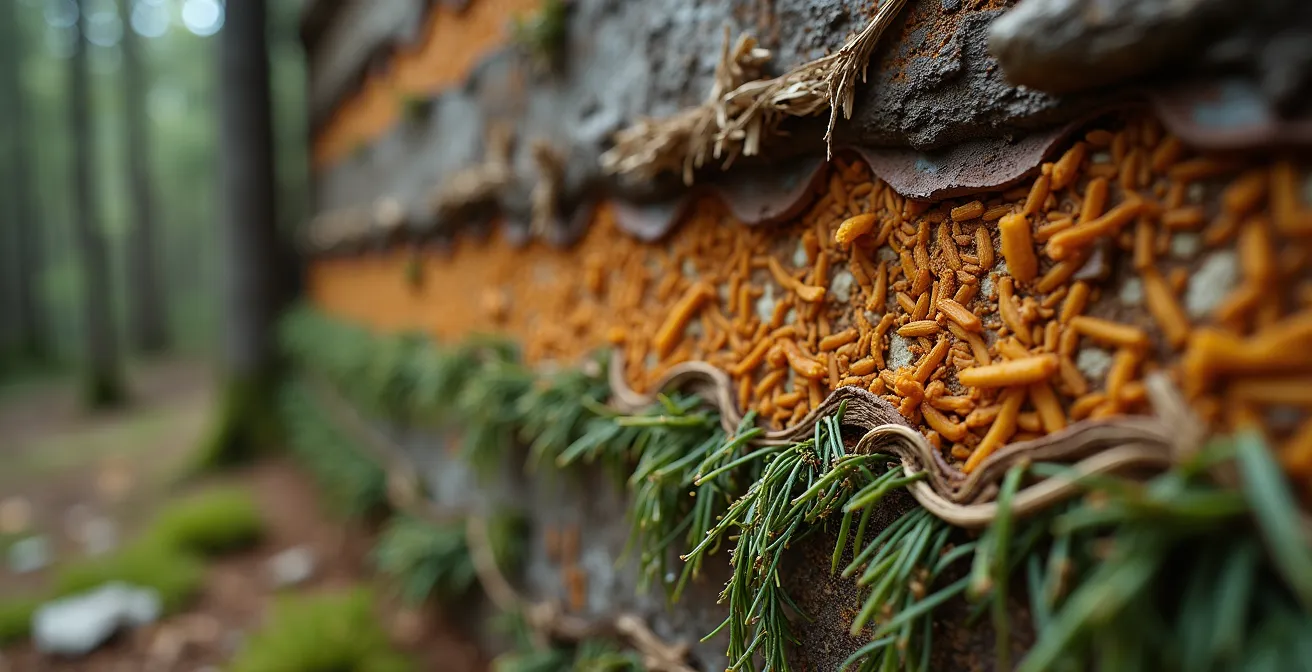 Cross-sectional view of debris hut showing multiple insulation layers
