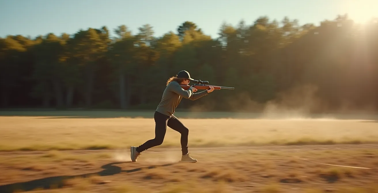 Wide angle view of proper shooting stance showing full body positioning