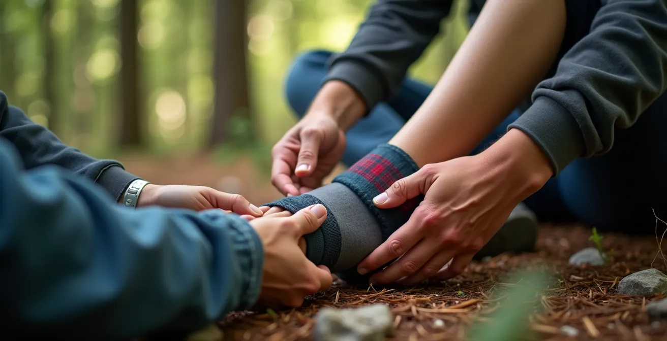 Two hikers' hands carefully applying an improvised ankle splint using trekking pole segments and a bandana in a forest setting.