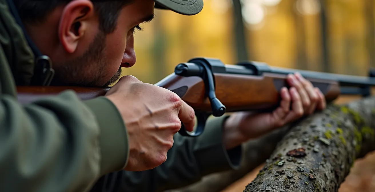 Close-up of hunter's hands steadying rifle on natural rest, focusing intently with perfect shooting form