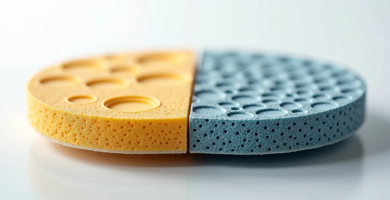 Macro photograph showing foam midsole cross-section with visible cellular structure of EVA and PU foams.