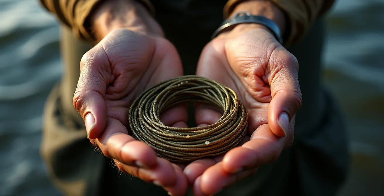 Hands demonstrating figure-eight coil technique for fly line