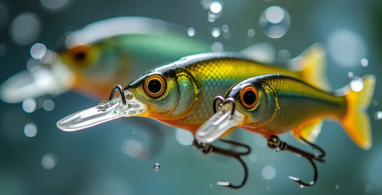 Close-up comparison of different hook placement methods on live baitfish