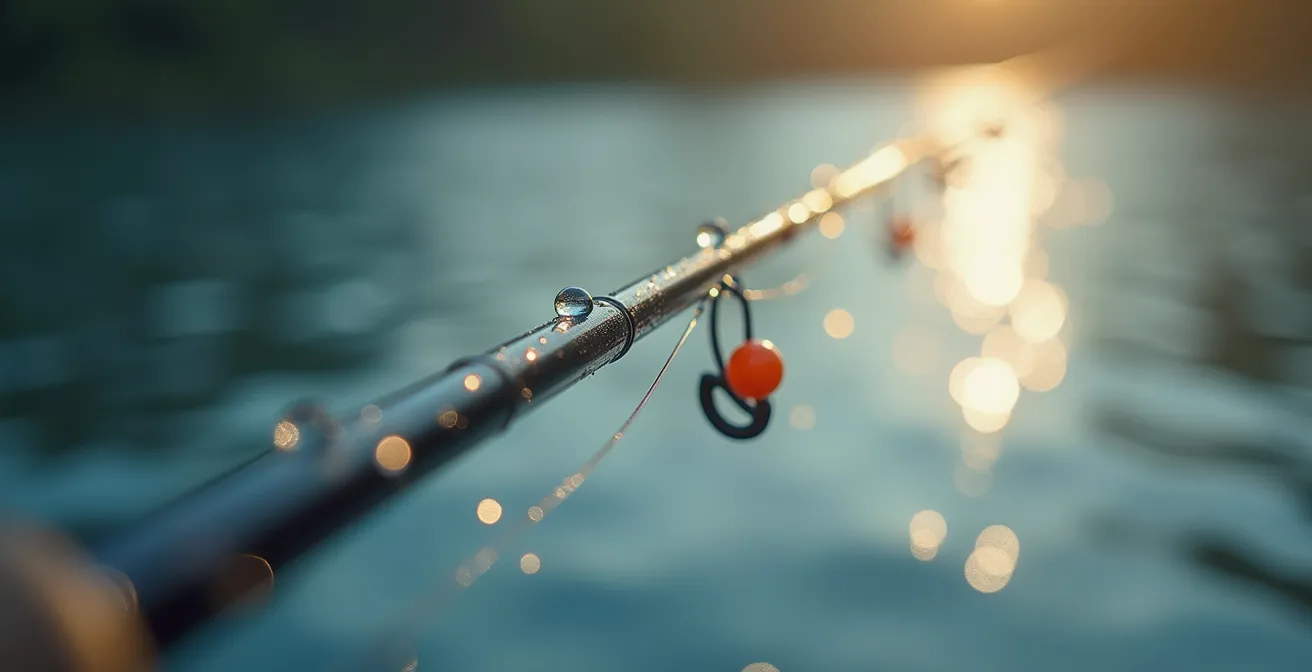 Extreme close-up of fishing line showing subtle belly curve movement indicating fish bite