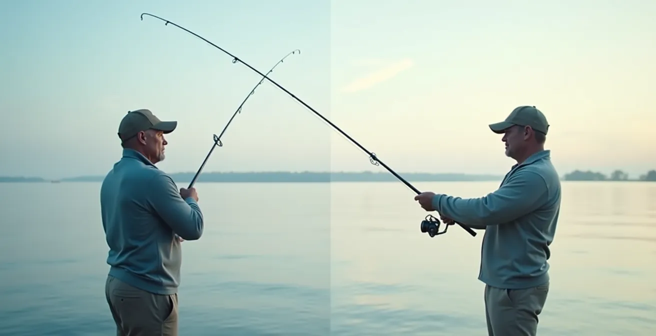 Side view comparison of two anglers mid-cast showing different rod arc angles for a 7-foot and 9-foot rod.
