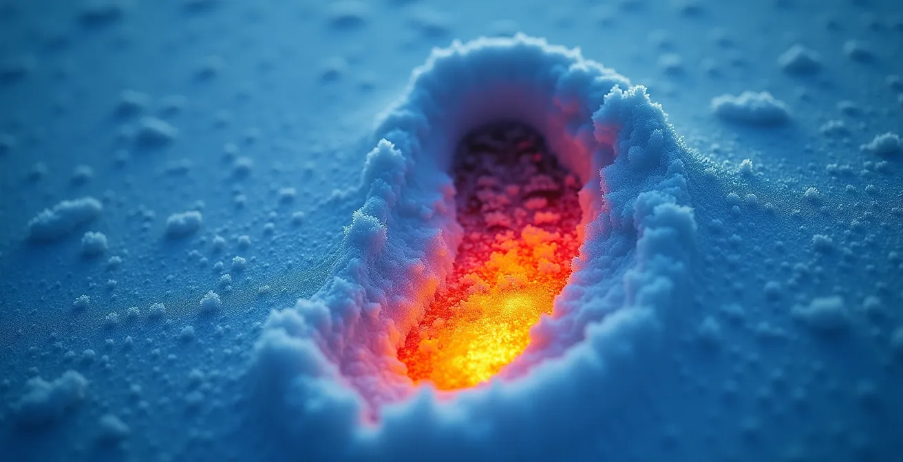 Visual comparison of heat loss through boot sole to frozen ground