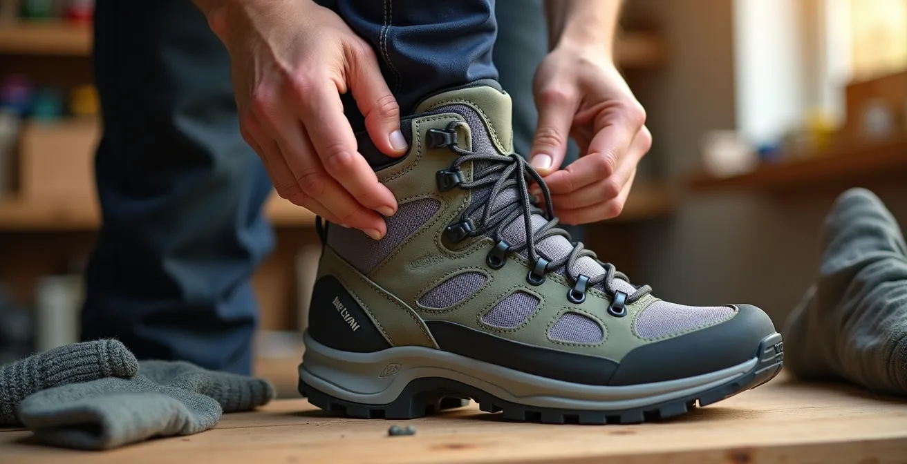 Close-up of hands adjusting synthetic hiking boot with visible TPU overlays and heel counter