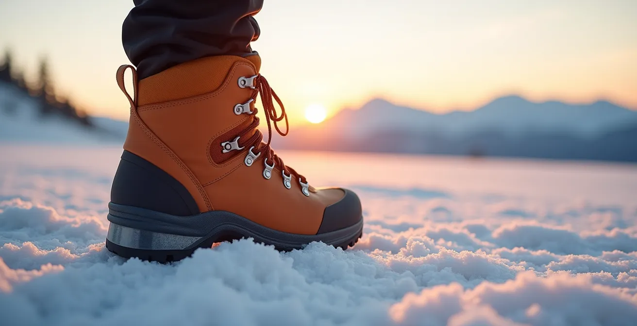 Winter boot showing heel lock lacing pattern in snowy conditions