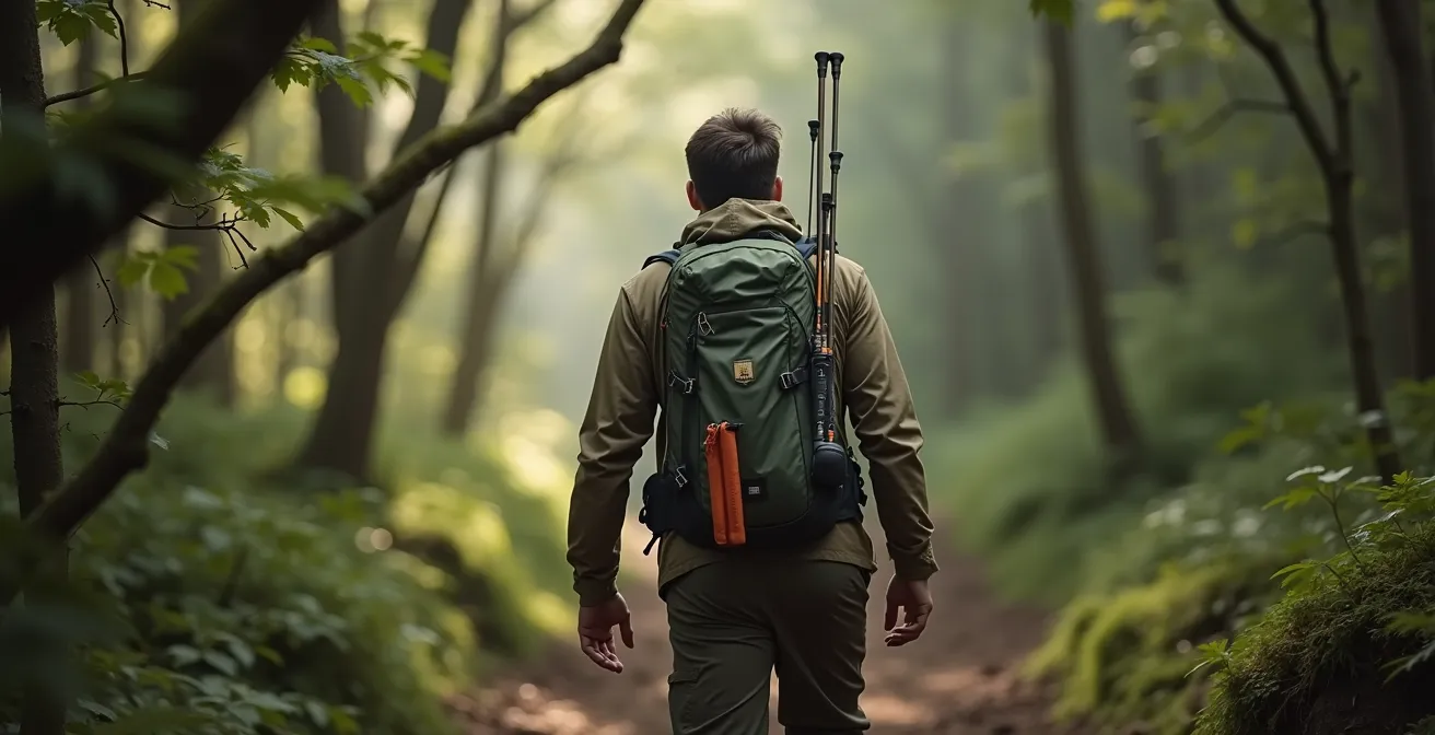 Rear view of hiker showing telescopic rod properly mounted along backpack centerline
