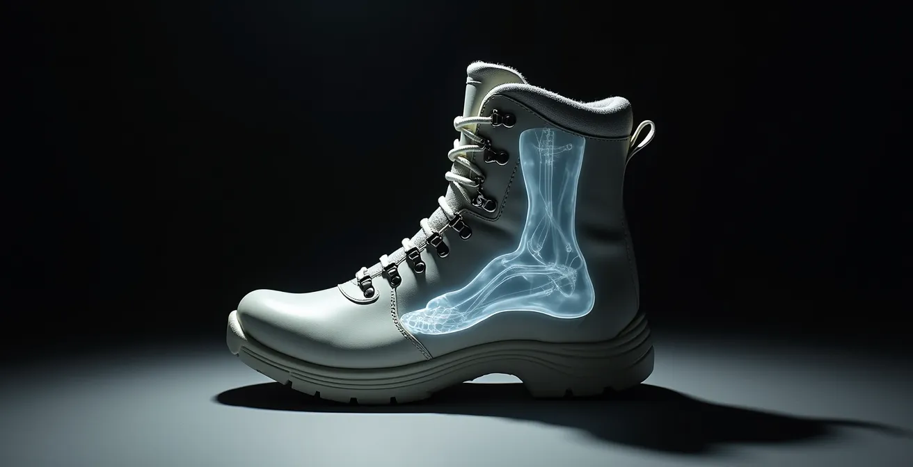 Side view of hiking boot showing internal foot mechanics and pressure points leading to blisters.