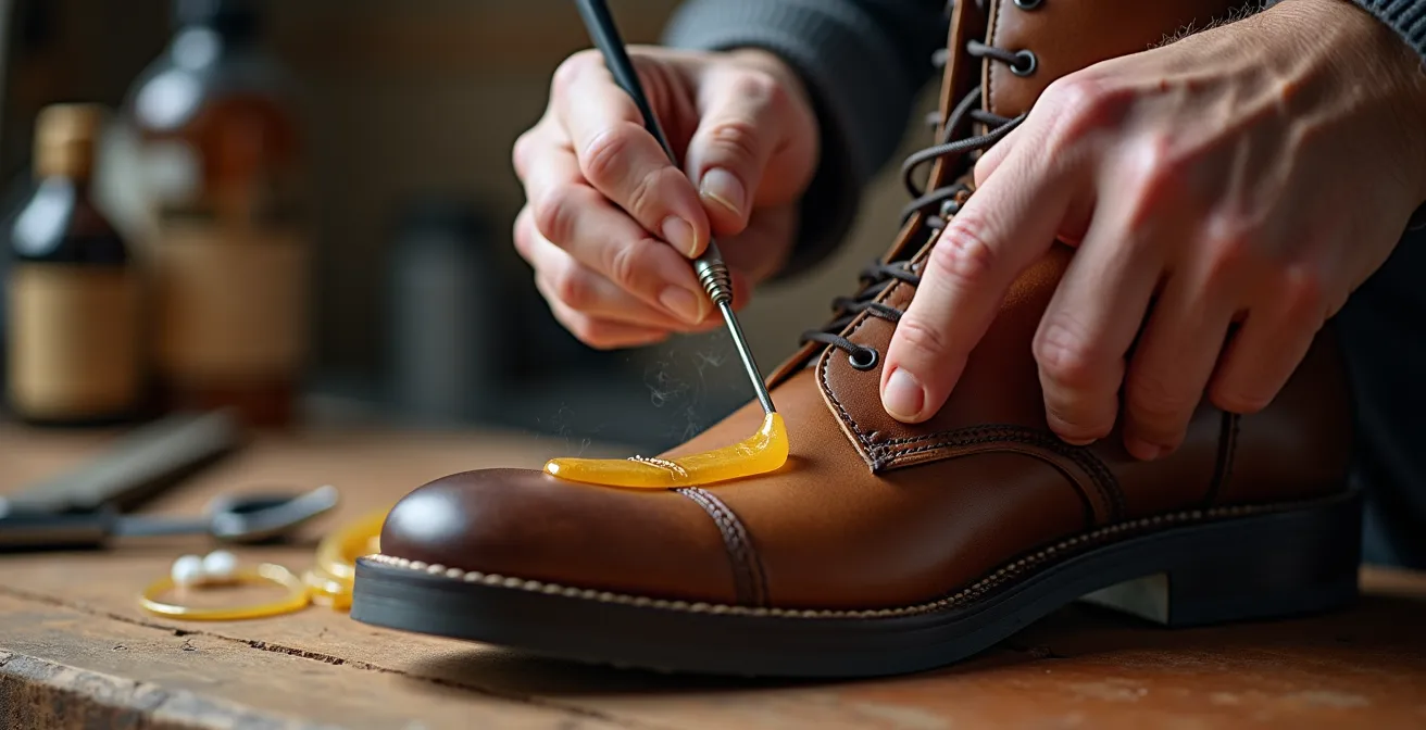 Hands applying heated beeswax to deep leather puncture using precision tools