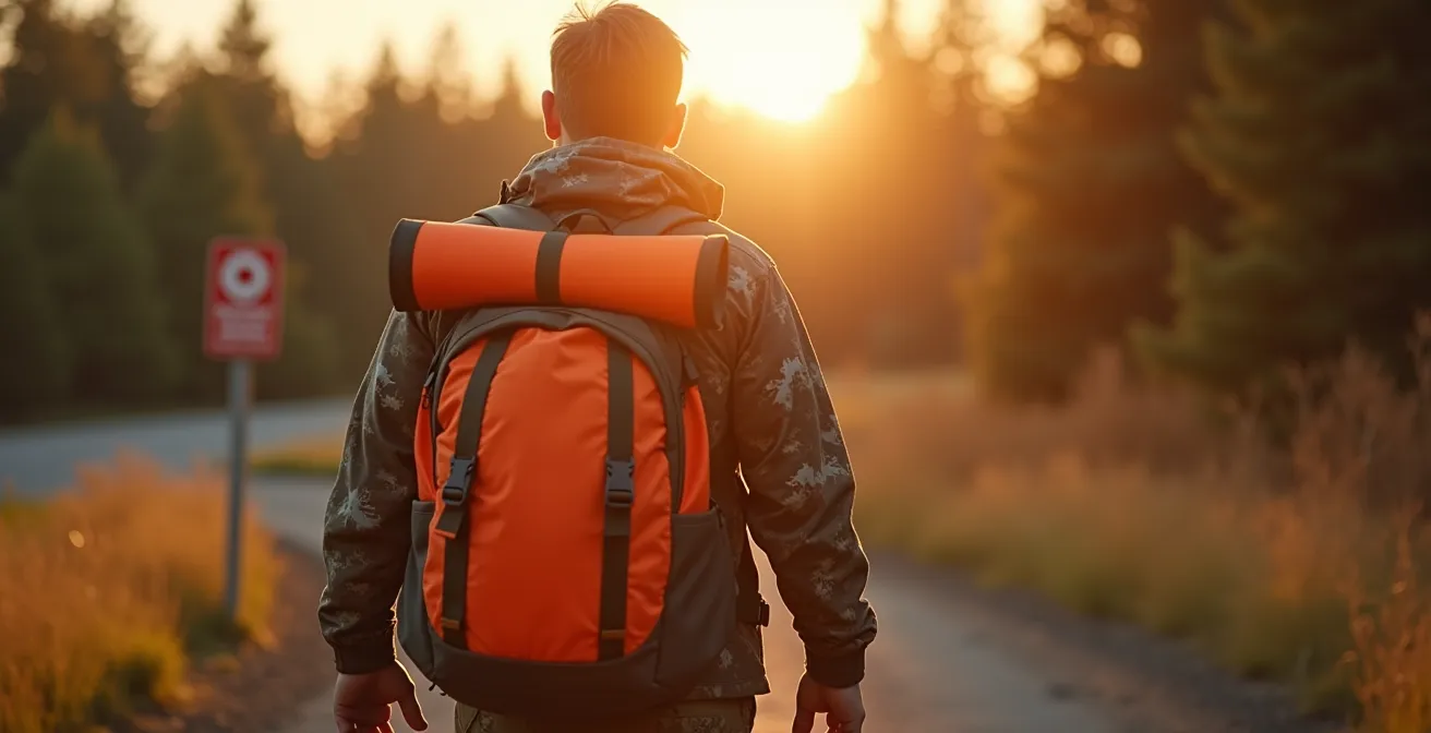 Hunter's backpack with orange vest attached externally for quick access