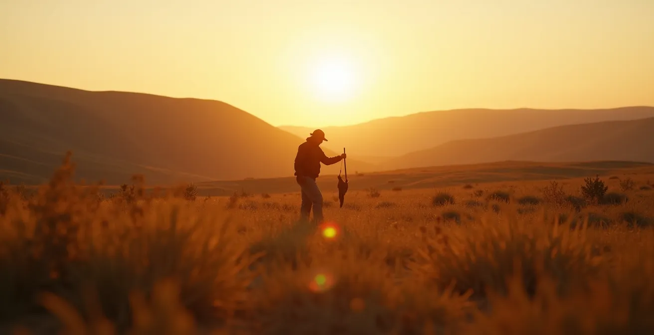 A hunter in a vast, open landscape at sunset, demonstrating ethical field dressing practices on harvested game.