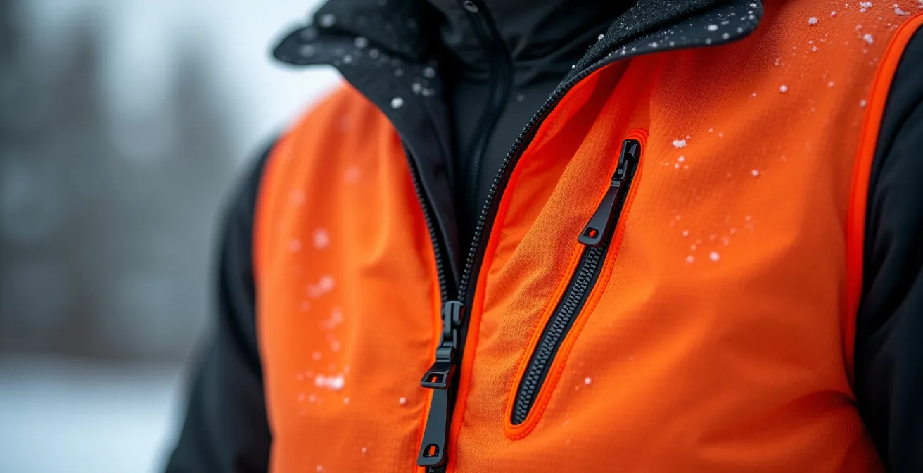 Close-up demonstration of proper vest sizing over winter hunting layers