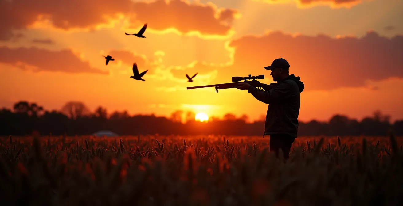 Silhouette of upland hunter at field edge during golden hour with birds visible against evening sky