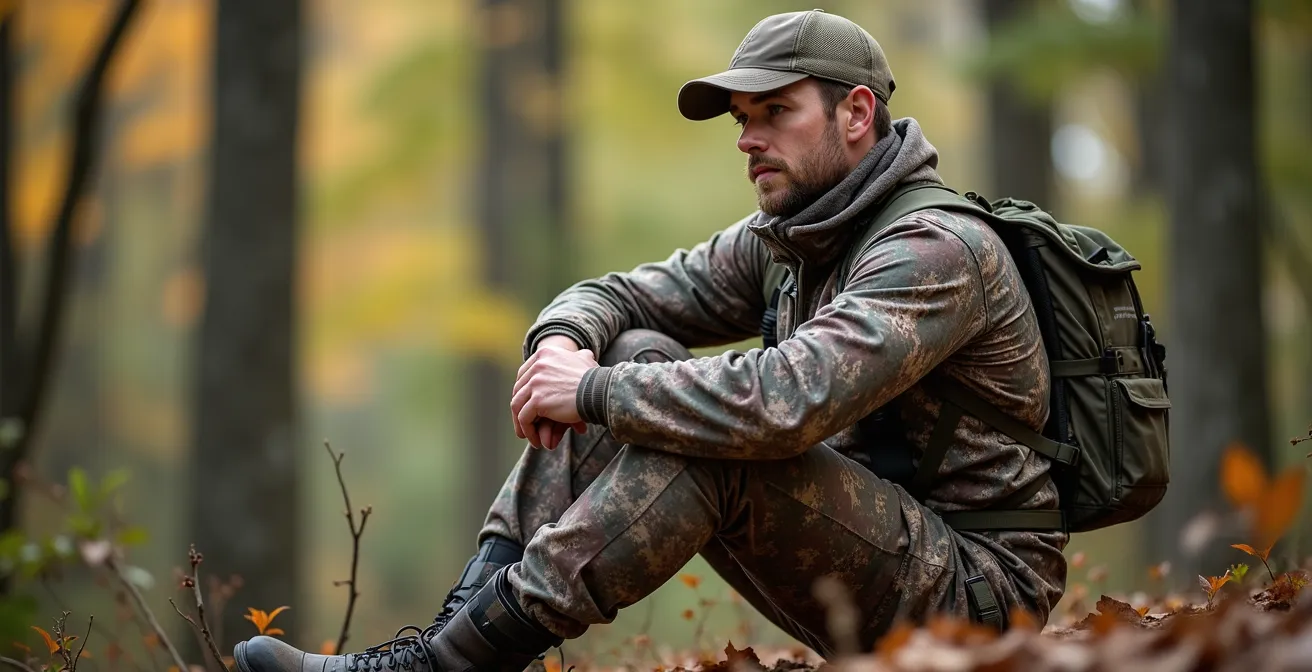 Hunter demonstrating proper seated binocular holding technique with elbows braced on knees