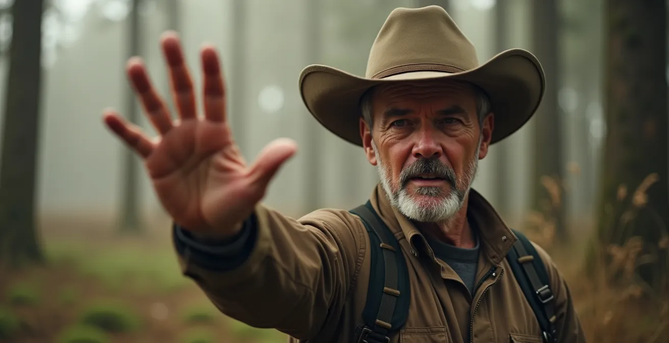 Hunter demonstrating hand signals for silent communication in wilderness setting