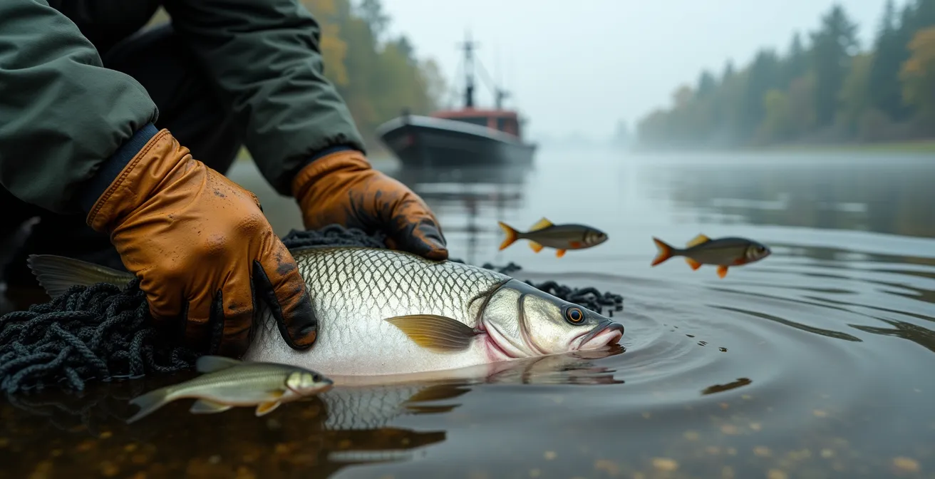 Commercial fishermen removing invasive carp from river nets with native bass visible in clear water nearby