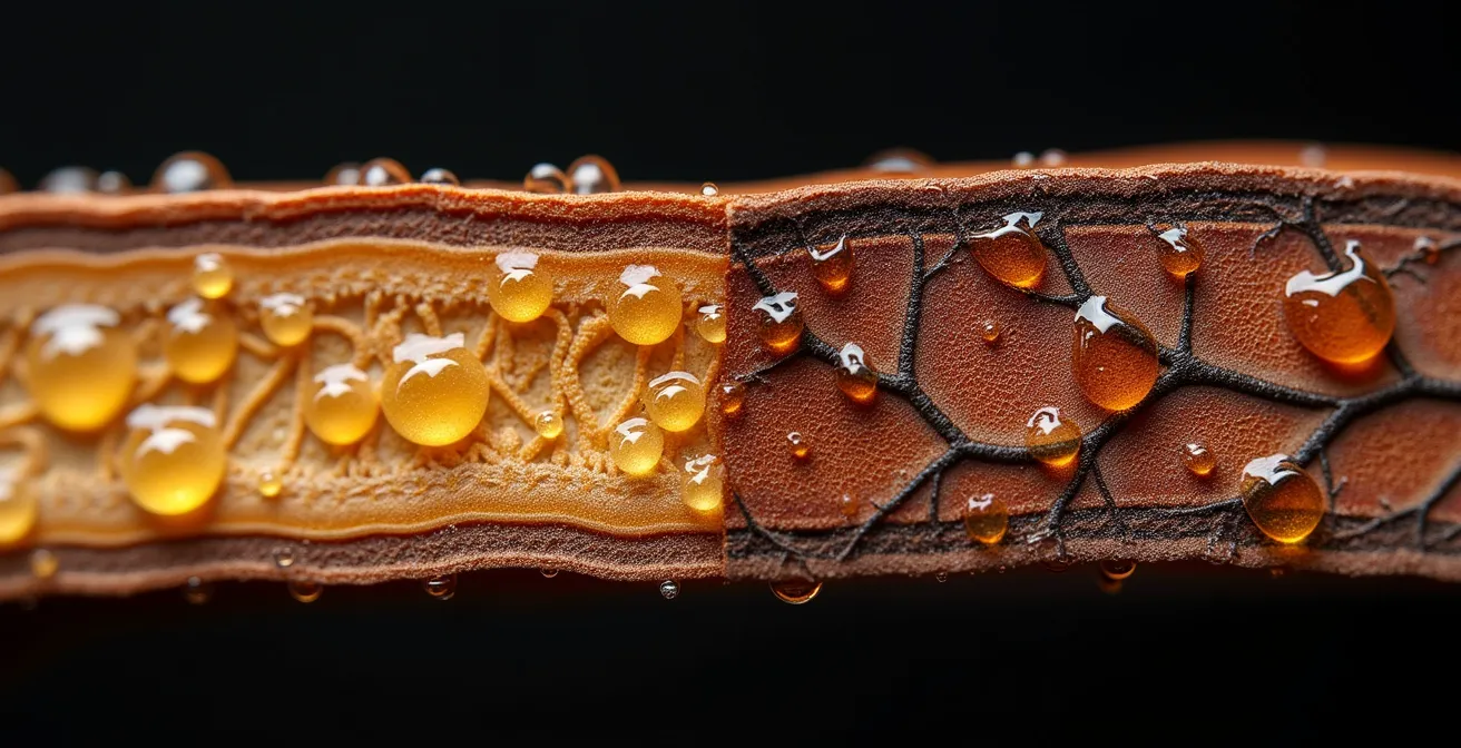 Microscopic cross-section showing leather fiber structure with oil distribution