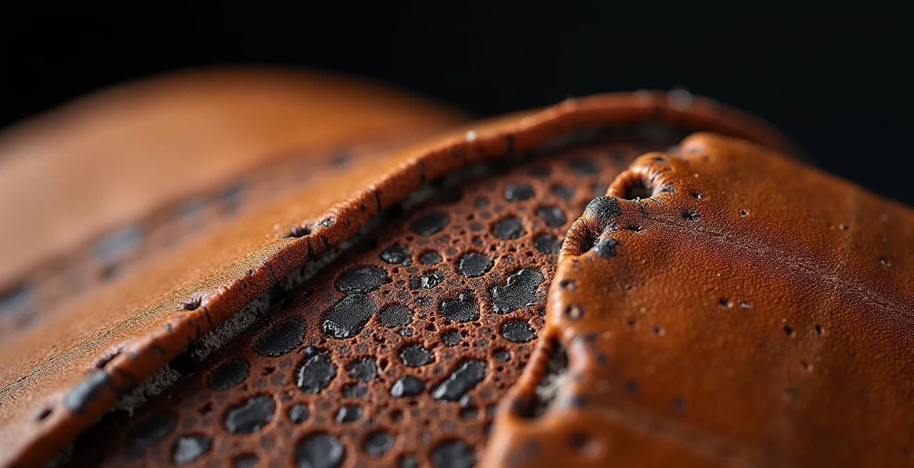 Microscopic view of leather fiber damage from alkaline exposure