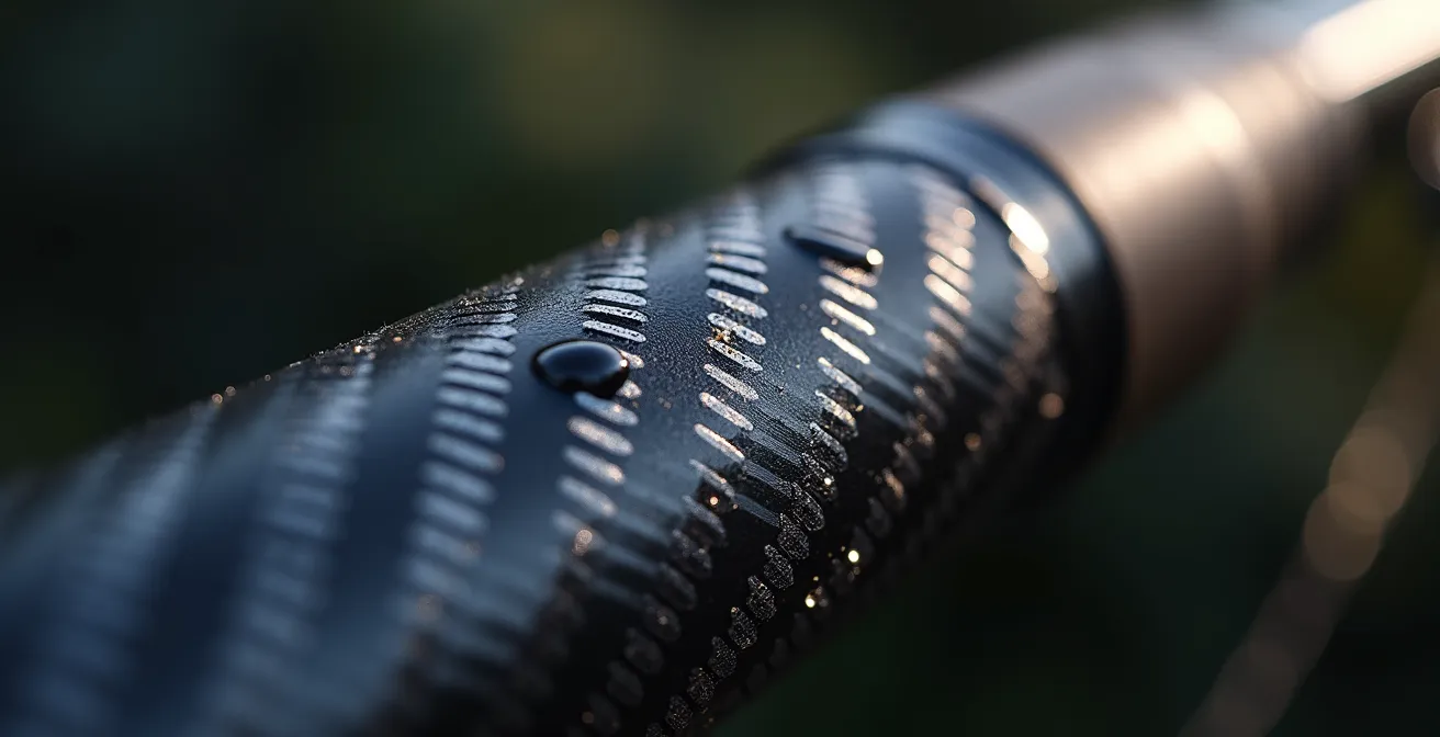 Extreme close-up of carbon fiber weave pattern on telescopic fishing rod blank