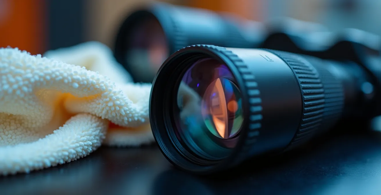 Extreme close-up showing proper lens cleaning technique with microfiber cloth on binocular lens
