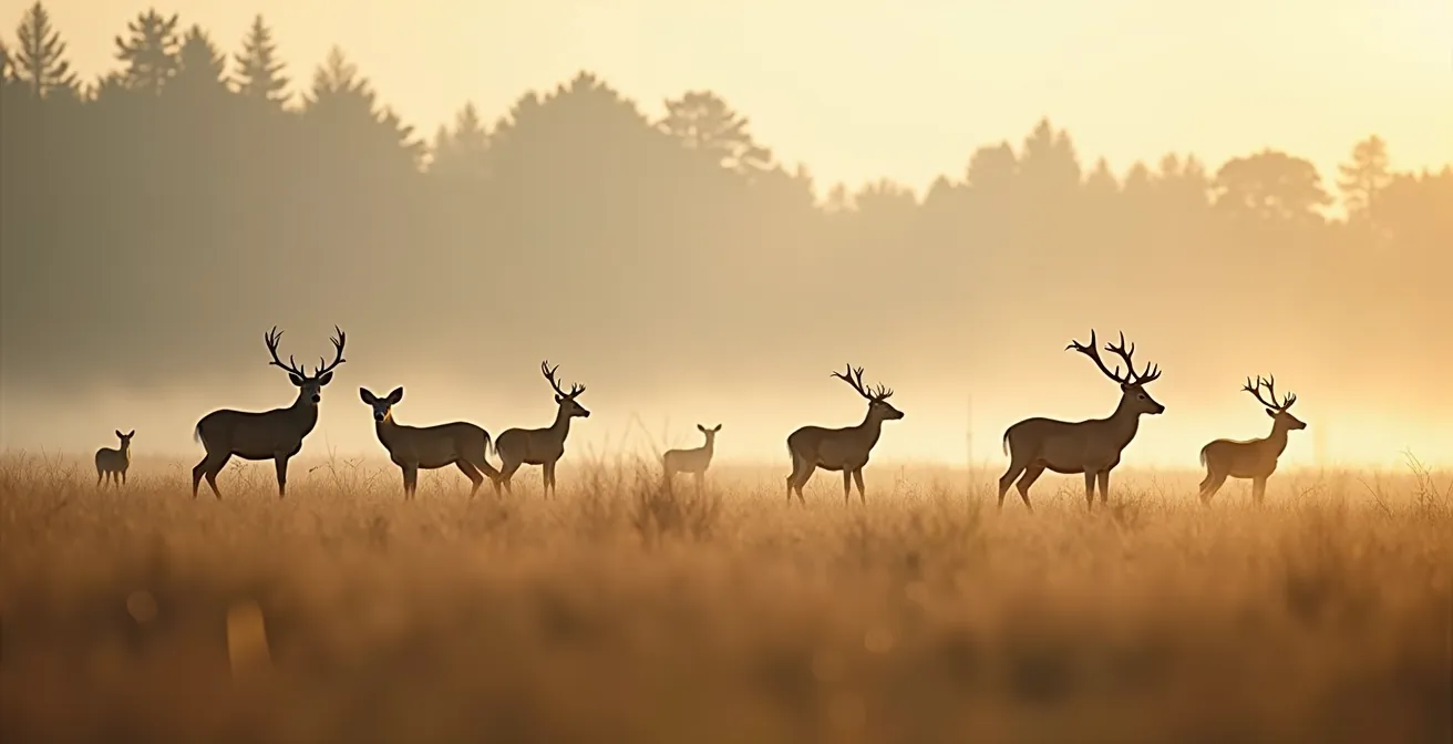 Wide landscape showing diverse age classes of bucks in natural habitat demonstrating healthy population structure