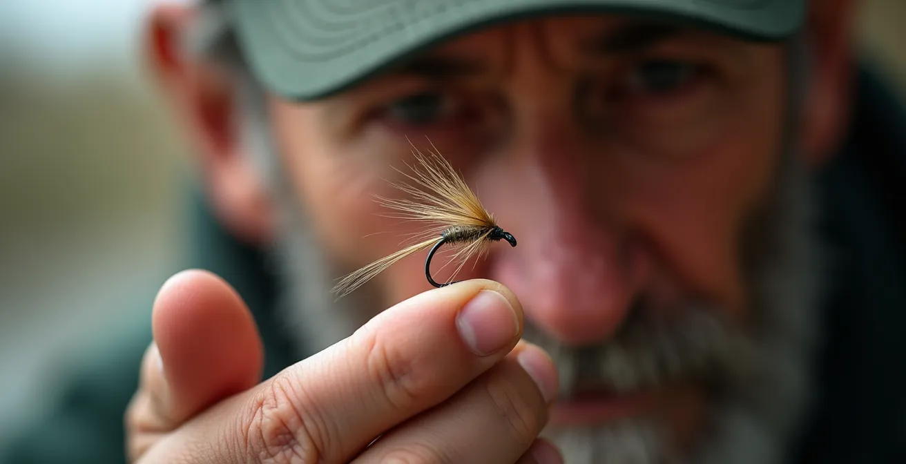 Tiny hand-tied fly on human fingertip showing scale