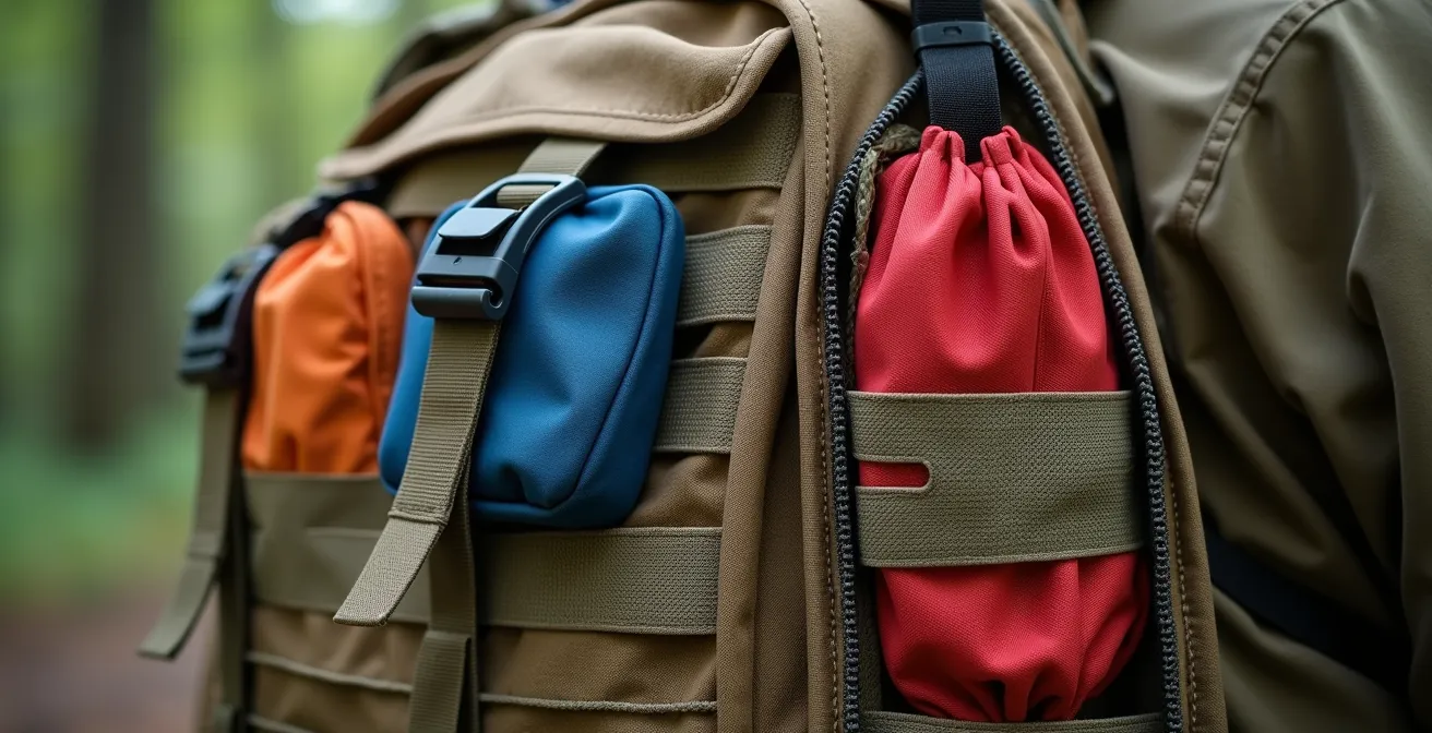 Close-up of MOLLE webbing system with attached emergency pouches and gear