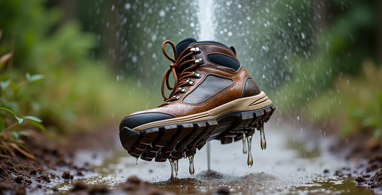 Side view of muddy hiking boot being cleaned with water spray revealing tread pattern
