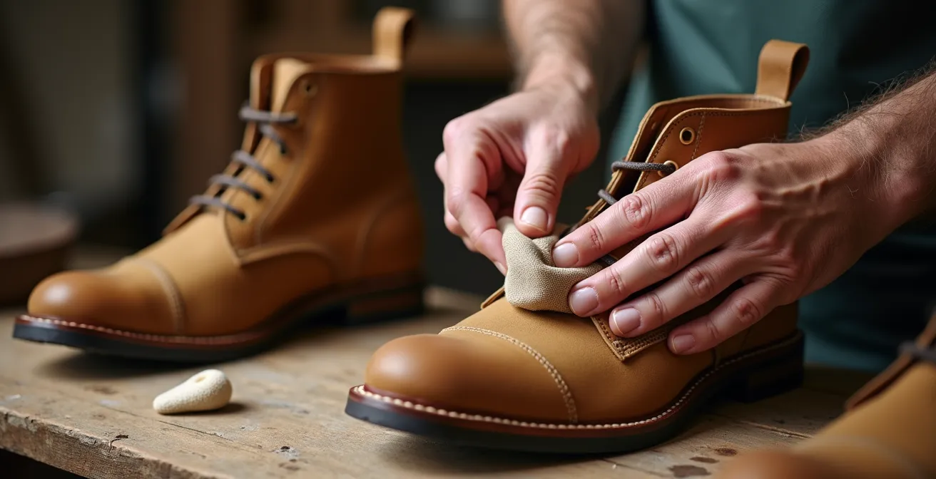 Proper cream application on nubuck leather boots preserving texture