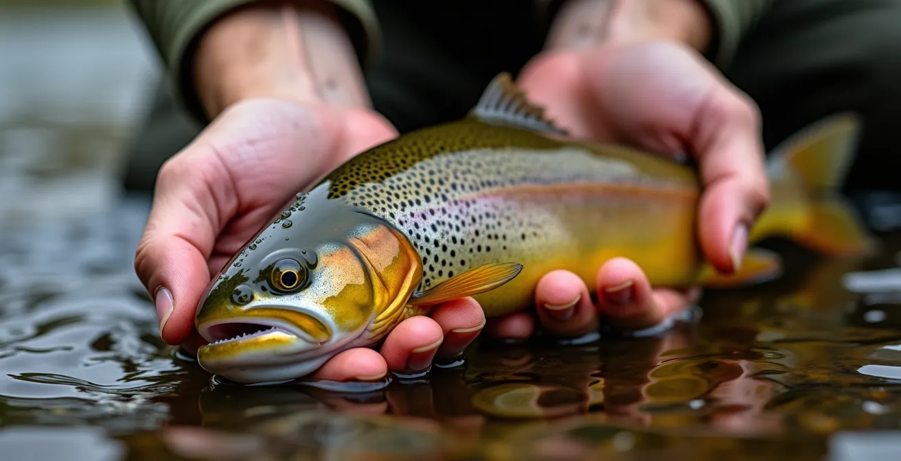 Close-up of wet hands properly supporting a trout in water showing protective slime coat