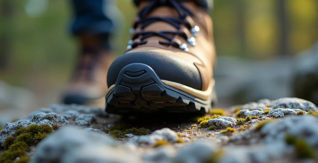 Close-up of a hiking boot sole performing a balance exercise on an uneven rock surface, highlighting the ankle's micro-adjustments.