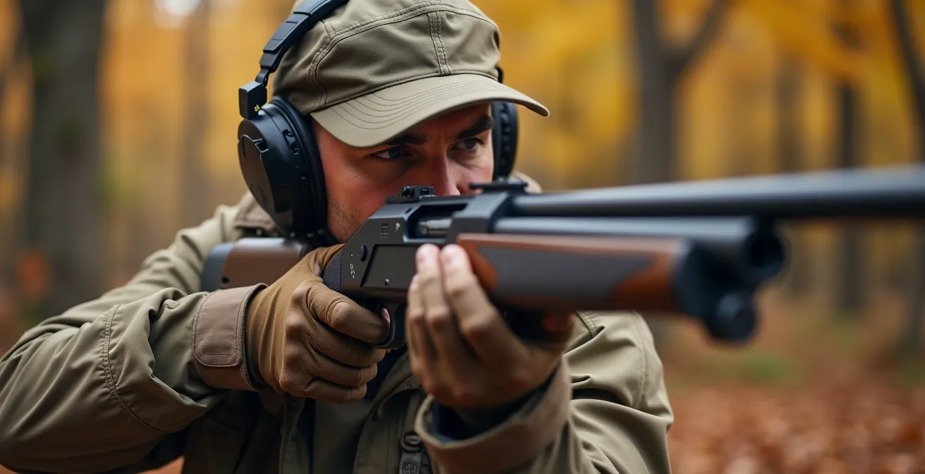 Hunter demonstrating proper rifle mounting technique in field