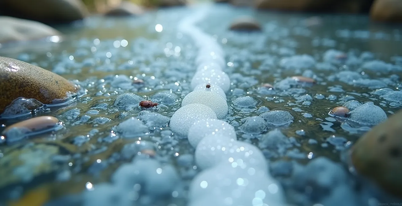 Aerial view of river showing distinct seam line with foam bubbles where different current speeds converge